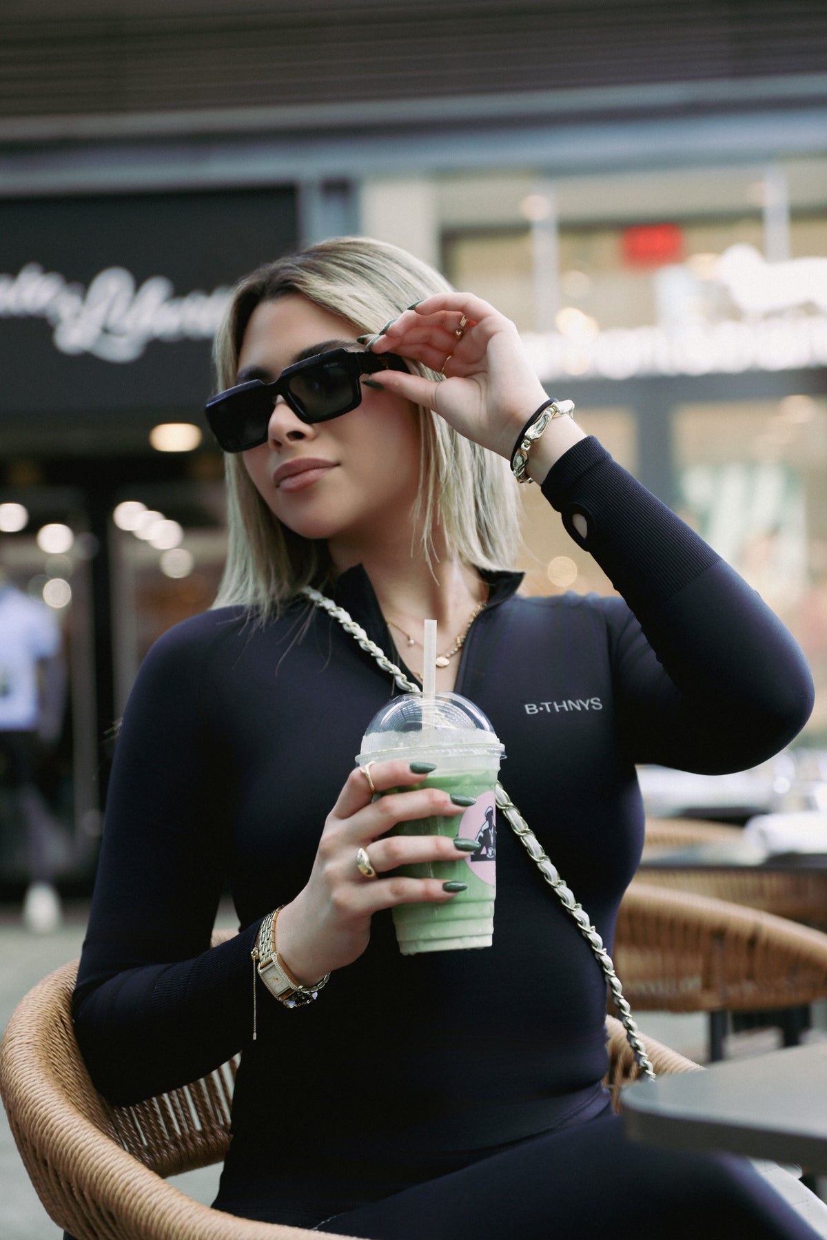 Black Eclipse jacket and leggings in the city