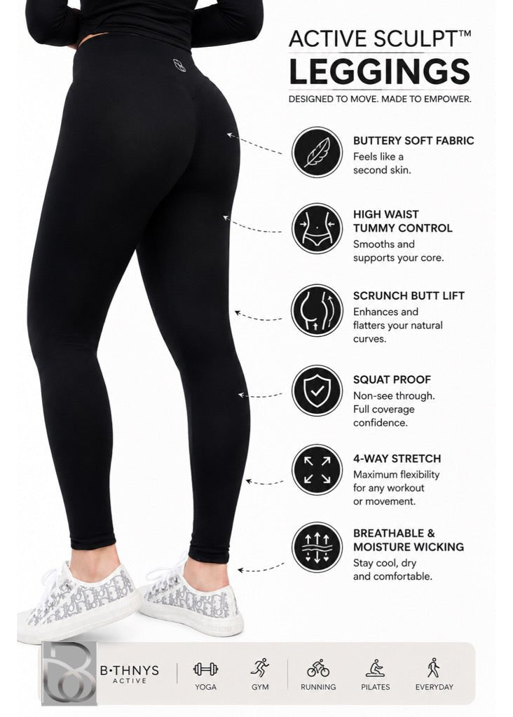 B•THNYS Active Sculpt™ High-Waisted Seamless Scrunch Legging – Black Eclipse (Black) - B•THNYS